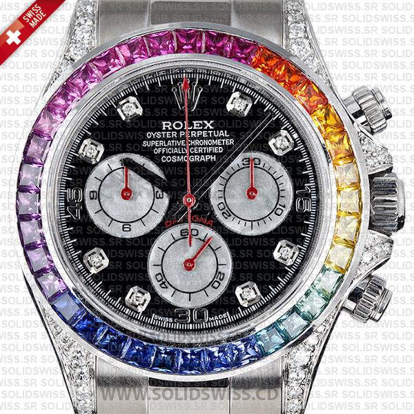 Rolex Daytona White Gold Black Diamond Dial Rainbow Bezel Replica Watch