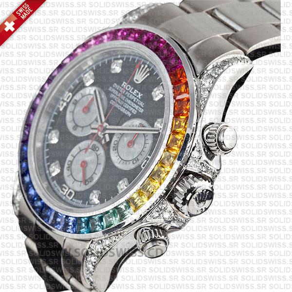 Rolex Daytona White Gold Black Diamond Dial Rainbow Bezel 40mm