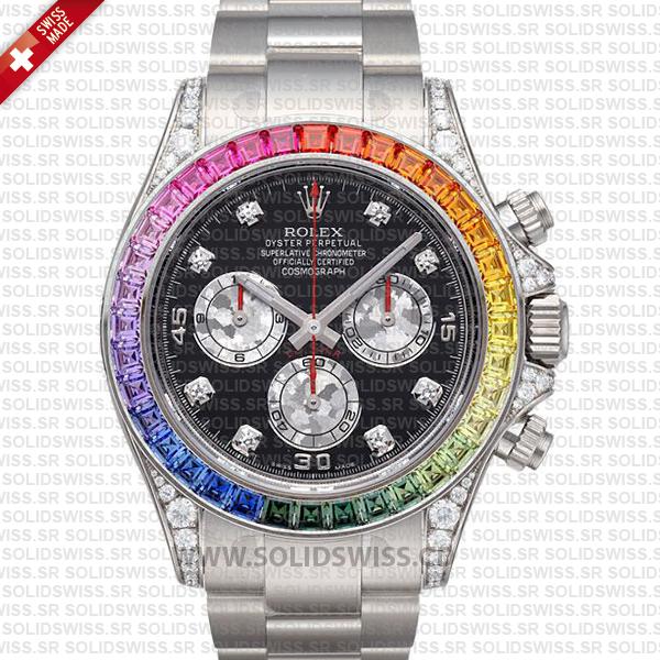 Rolex Daytona White Gold Black Diamond Dial Rainbow Bezel