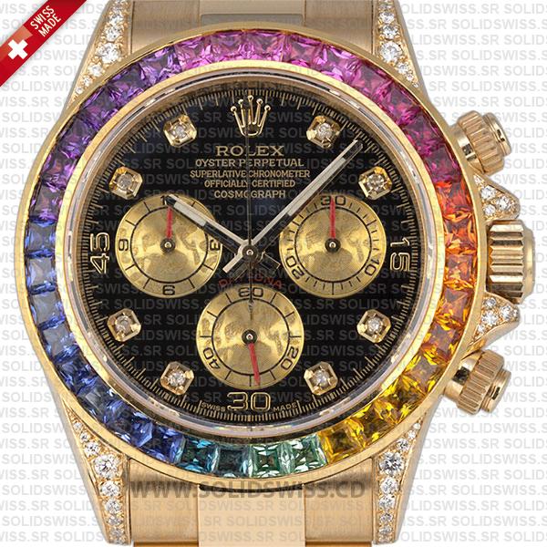 Rolex Daytona Yellow Gold Rainbow Bezel Black Diamond Dial 40mm