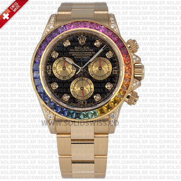 Rolex Daytona Yellow Gold Rainbow Bezel Black Diamond Dial