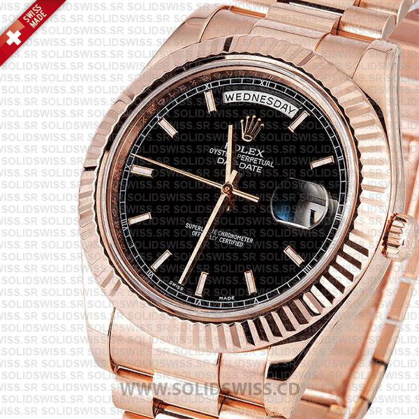 Rolex Day-Date II Rose Gold President Bracelet Black Stick Dial