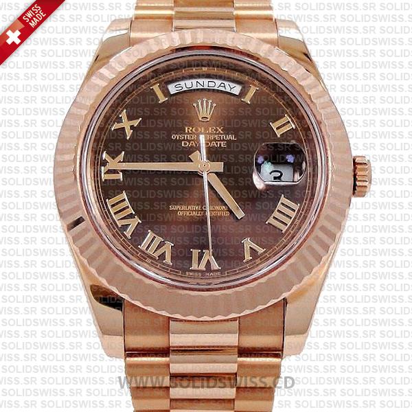 Rolex Day-Date II Rose Gold Chocolate Roman Dial Watch