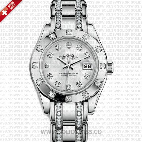 Rolex Lady Datejust Pearlmaster 18k White Gold 904L Steel Diamonds Bracelet 29mm Watch