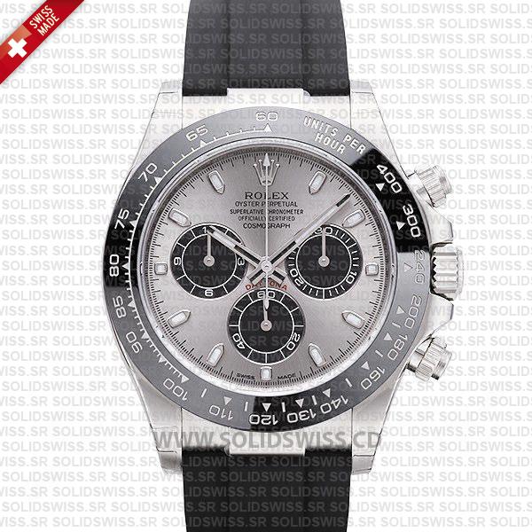 Rolex Daytona 18k White Gold Silver Dial Rubber Strap Watch